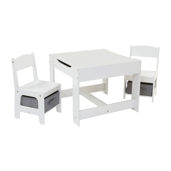 White Table and Two Chairs Set with Grey Storage Boxes