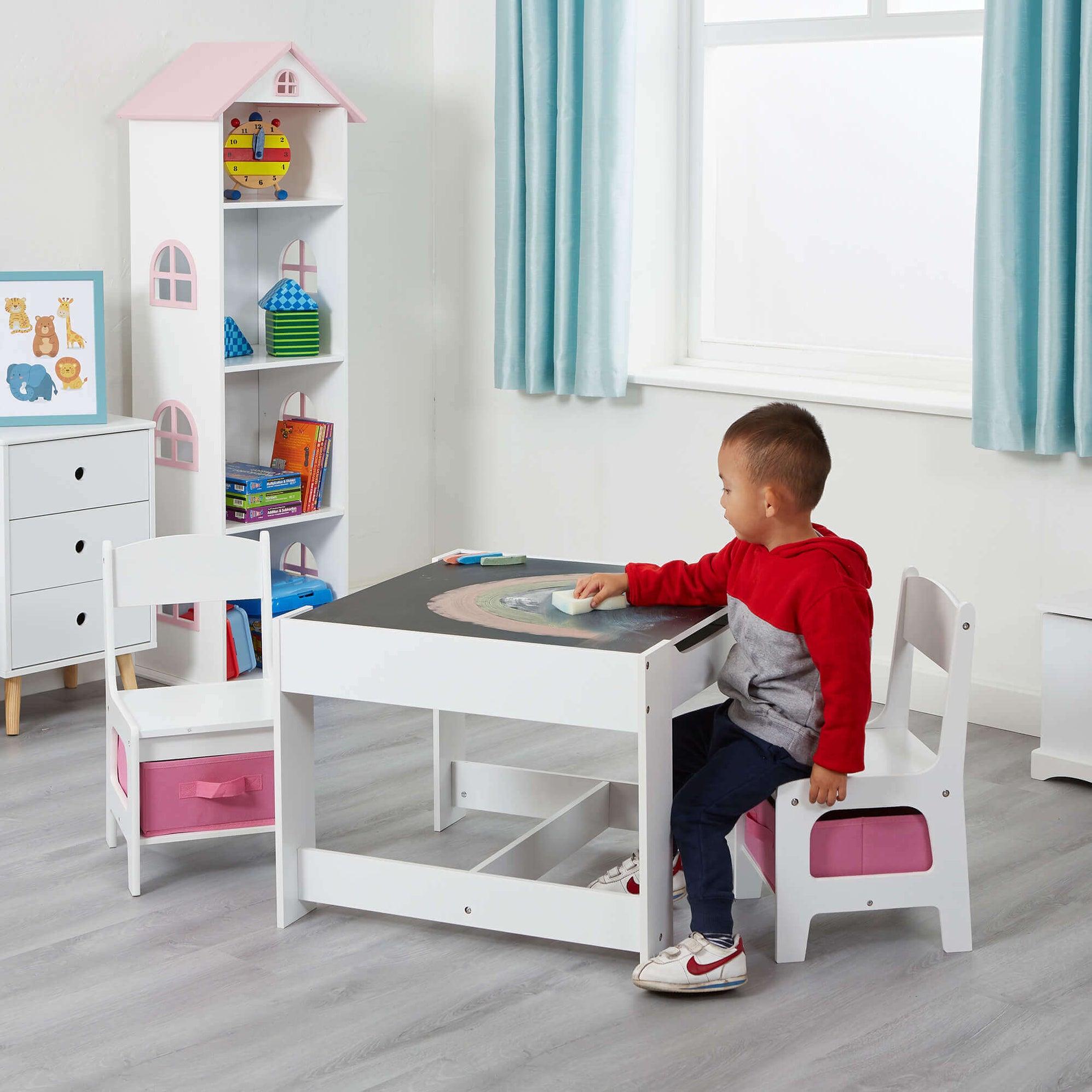 Pay Smart Home | White Table and Two Chairs Set with Pink Storage Boxes