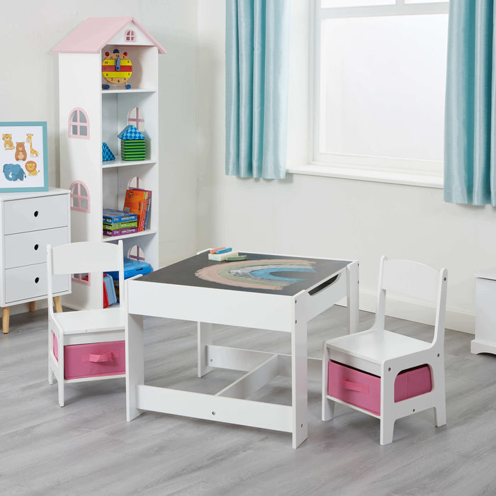 White Table and Two Chairs Set with Pink Storage Boxes