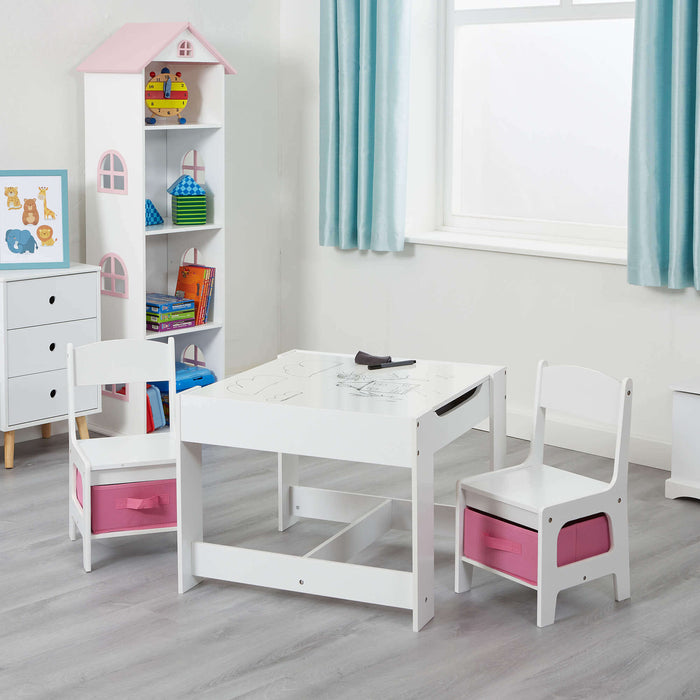 White Table and Two Chairs Set with Pink Storage Boxes