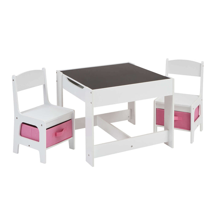 White Table and Two Chairs Set with Pink Storage Boxes