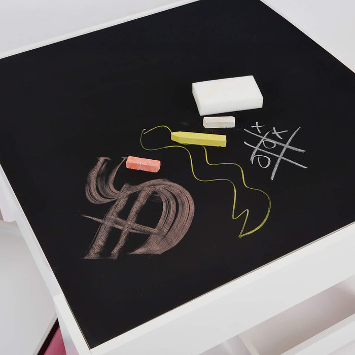 White Table and Two Chairs Set with Pink Storage Boxes