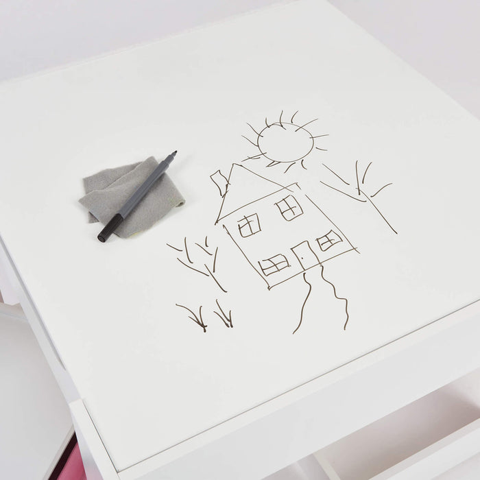 White Table and Two Chairs Set with Pink Storage Boxes