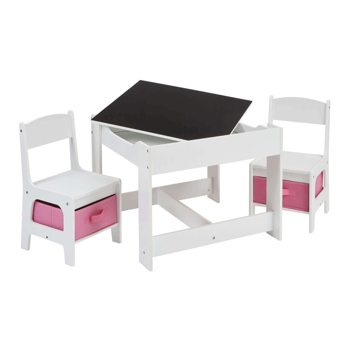 White Table and Two Chairs Set with Pink Storage Boxes