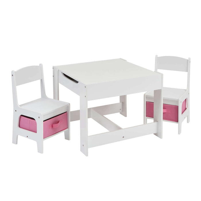 White Table and Two Chairs Set with Pink Storage Boxes