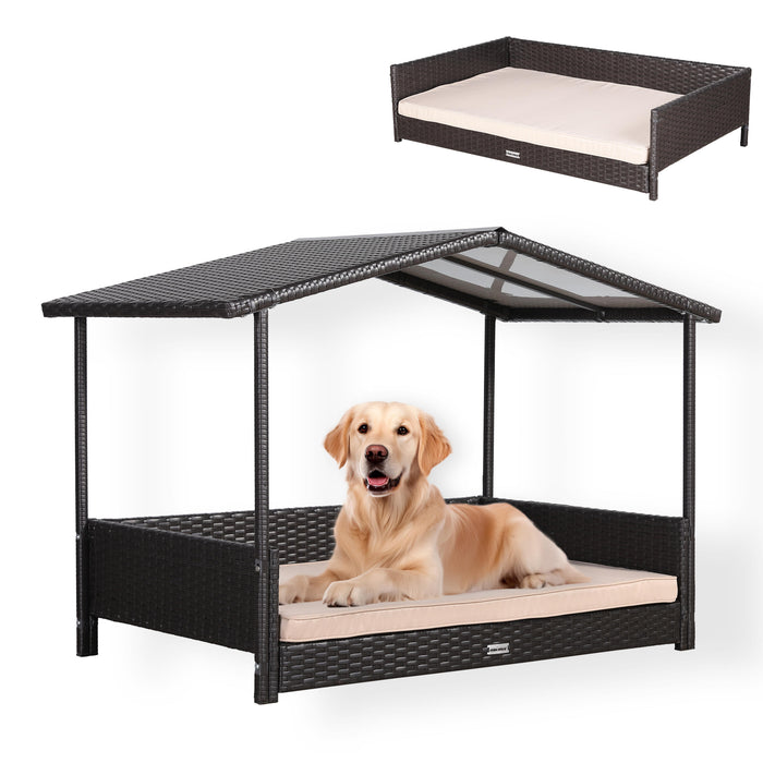 Bax Mice Wicker Raised Dog House / Brown Weave Rattan Dog Bed for Indoor & Outdoor with Weatherproof Roof & Removable Cushion Lounge