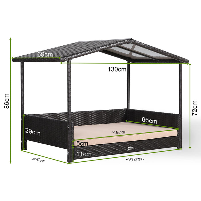 Bax Mice Wicker Raised Dog House / Brown Weave Rattan Dog Bed for Indoor & Outdoor with Weatherproof Roof & Removable Cushion Lounge