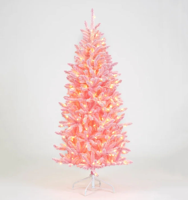 CT08848 - 210cm (7ft) Pre-Lit Pink Flocked Artificial Christmas Tree